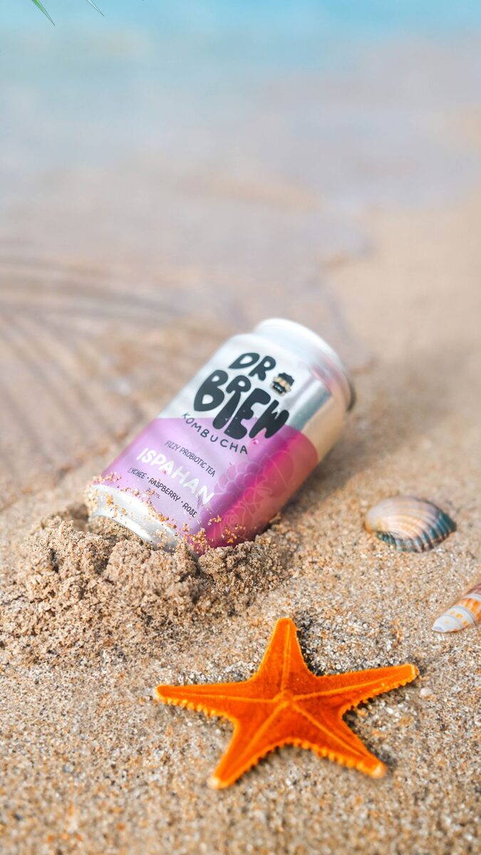 Dr. Brew can on the beach