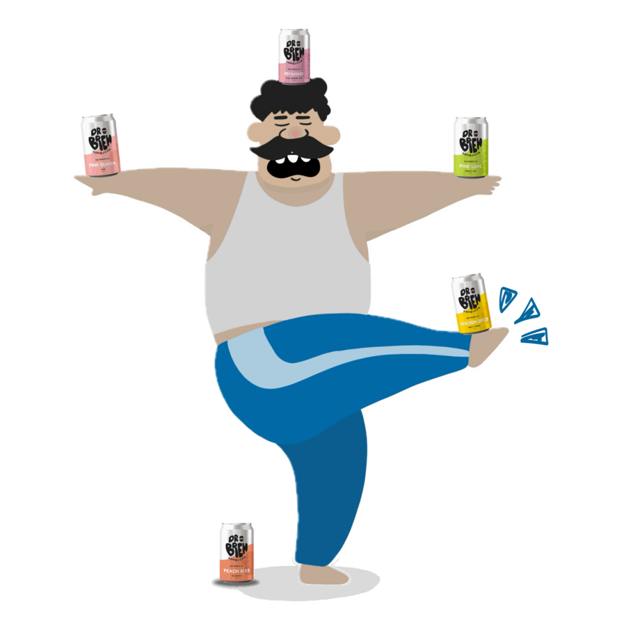 Dr. Brew mascot juggling kombucha cans